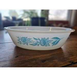 Glasbake Blue Thistle Flower Milk Glass Oval Casserole Loaf Dish 1Quart  J-235